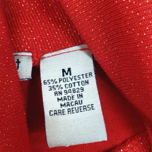 💖 Sparkle Red Small/Medium Gold Knit Turtleneck Glimmer Tie Back Top, Layering - Picture 8 of 15